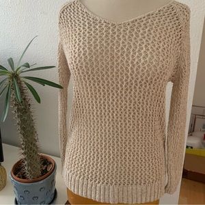 Lucky Brand Open hole knit cotton sweater in oatmeal; hi-lo hem; size: Medium